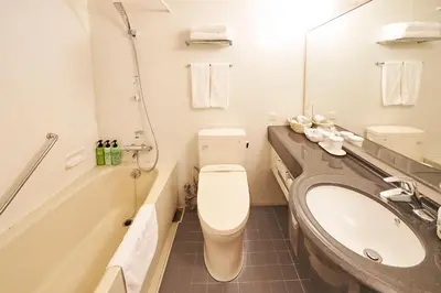 a bathroom with a toilet and a sink and a tub at Sotetsu Fresa Inn Higashi Shinjuku in Tokyo