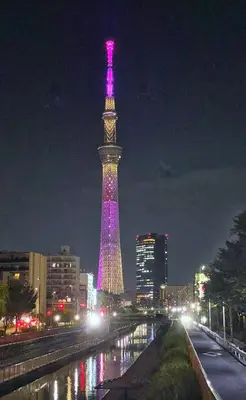 a tower is lit up in purple at night at Tokyo Sakura hotel in Tokyo