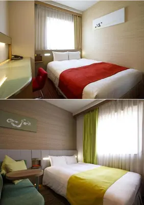 two pictures of a hotel room with two beds at Hotel Sardonyx Ueno in Tokyo