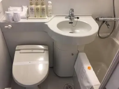 a small bathroom with a toilet and a sink at Ueno Urban Hotel in Tokyo