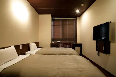a hotel room with two beds and a flat screen tv at Ochanomizu Hotel Shoryukan in Tokyo