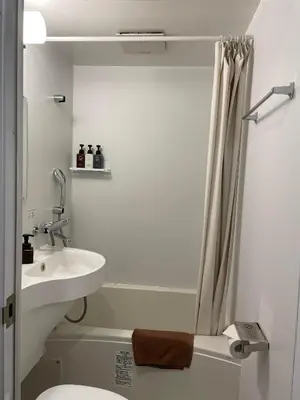 a bathroom with a sink and a toilet and a shower at Hotel Fukudaya in Tokyo