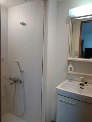 a white bathroom with a shower and a sink at Rimon Apartment in Tokyo