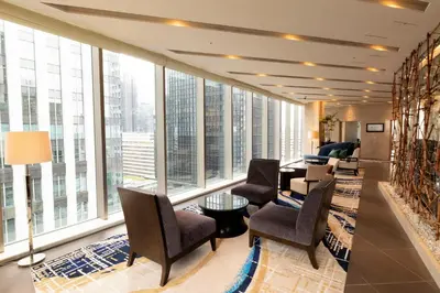 an office with a view of the skyscrapers at Hotel Ryumeikan Tokyo in Tokyo