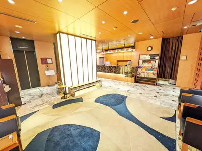a lobby with a large carpet in the middle at Hotel Nihonbashi Saibo in Tokyo