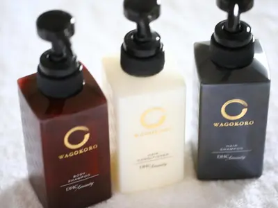three bottles of soap sitting next to each other at KOKO HOTEL Ueno Station - formerly Hotel Wing International Select Ueno Okachimachi in Tokyo