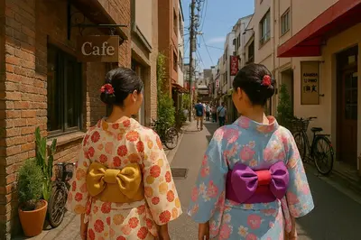 two girls walking down a street wearing dresses with bows at Sky Heart Hotel Koiwa in Tokyo
