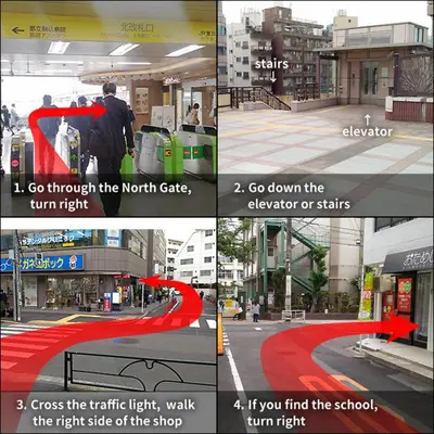 a collage of four pictures of a red road at Base Inn Tabata in Tokyo