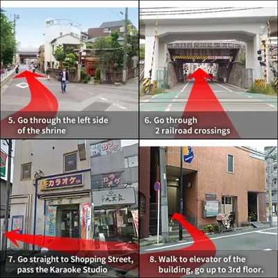 a group of four pictures of a street with a red line at Base Inn Tabata in Tokyo