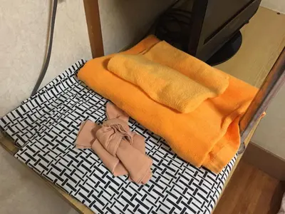 two towels and a pair of shoes on a mat at Asakusa Hotel Fukudaya in Tokyo