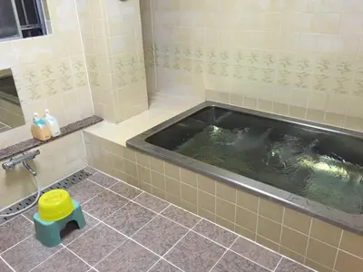 a bath tub in a tiled bathroom at Asakusa Hotel Fukudaya in Tokyo