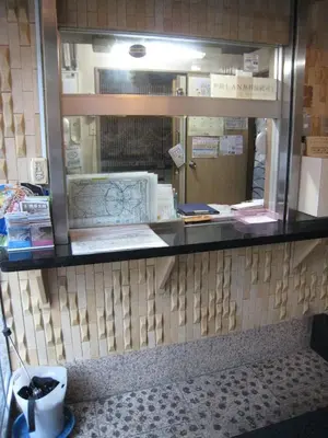 a bathroom counter with a mirror and a sink at Asakusa Hotel Fukudaya in Tokyo