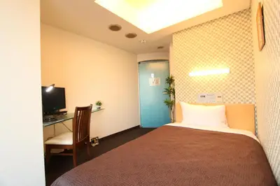 a bedroom with a bed and a desk and a television at HOTEL LiVEMAX BUDGET Korakuen in Tokyo