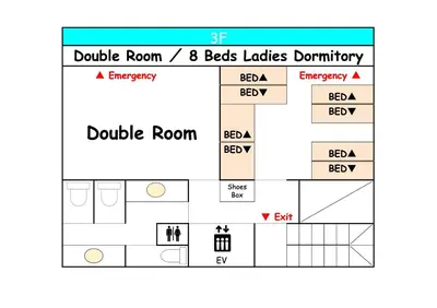 a block diagram of a double room beds ladies laundry at TOKYO-W-INN Asakusa in Tokyo
