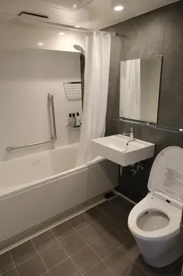 a bathroom with a sink and a toilet and a tub at Belmont Hotel in Tokyo