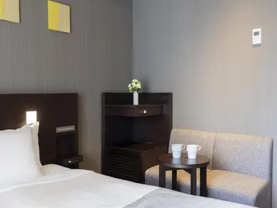 a hotel room with a bed and a chair and a fireplace at Akihabara Washington Hotel in Tokyo