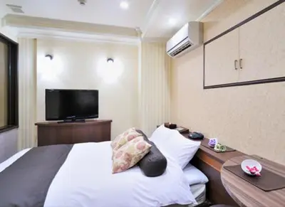 a hotel room with a bed and a flat screen tv at Hotel California Kaminarimon (Adult Only) in Tokyo