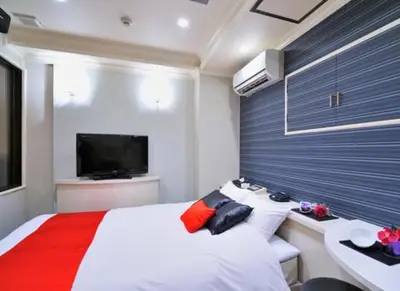 a bedroom with a bed and a sink and a television at Hotel California Kaminarimon (Adult Only) in Tokyo