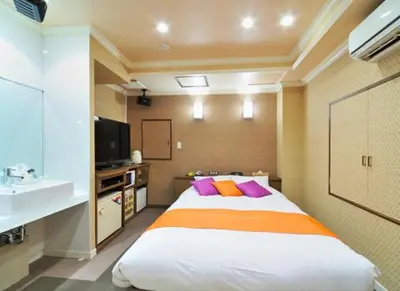 a bedroom with a large bed and a sink at Hotel California Kaminarimon (Adult Only) in Tokyo