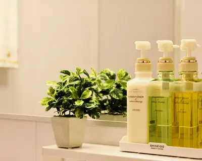 a counter with three bottles of soap and a plant at Nagomi Hotel Nippori in Tokyo