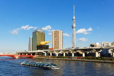 a boat on the river in front of a city at Sotetsu Fresa Inn Tokyo Kinshicho in Tokyo
