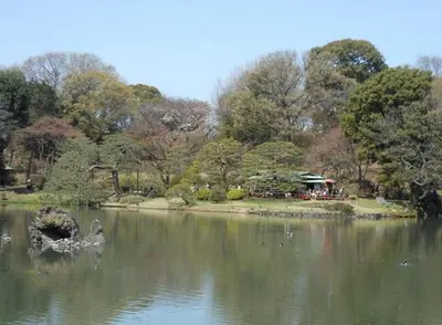 a pond with a house in the middle of a park at URBAN LODGE Komagome in Tokyo