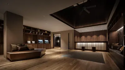 a living room with a couch and a fireplace at Nest Hotel Tokyo Hanzomon in Tokyo