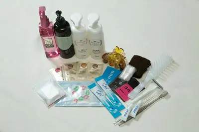 a group of cosmetic items sitting on a table at HOTEL PERRIER (Adult Only) in Tokyo