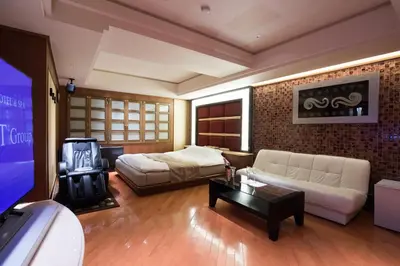 a bedroom with a bed and a couch and a tv at HOTEL PERRIER (Adult Only) in Tokyo