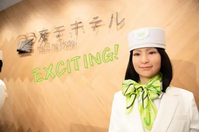 a woman wearing a white hat and a green bow tie at Henn na Hotel Tokyo Akasaka in Tokyo