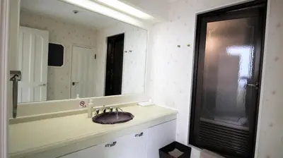 a bathroom with a sink and a large mirror at Royal Hotel Shinokubo in Tokyo