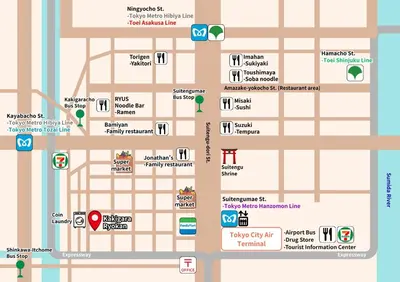a map of the location of the campus at Nihonbashi Kakigara Ryokan in Tokyo