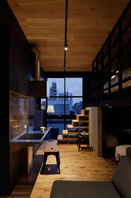 a kitchen and living room with a view of the city at Arcsens Tokyo in Tokyo