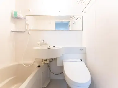 a bathroom with a sink and a toilet and a mirror at Chang Tee Hotel Ikebukuro in Tokyo