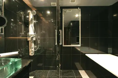 a black bathroom with a shower and a sink at HOTEL THE GLANZ in Tokyo