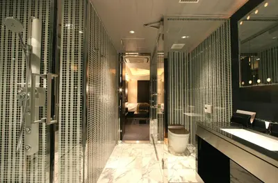 a bathroom with a shower and a sink and a mirror at HOTEL THE GLANZ in Tokyo
