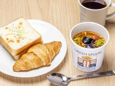 a plate of food with bread and a cup of coffee at Tokyu Stay Kamata - Tokyo Haneda in Tokyo