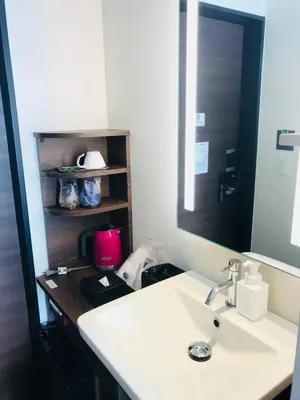 a bathroom with a sink and a mirror at Hotel Emit Ueno in Tokyo