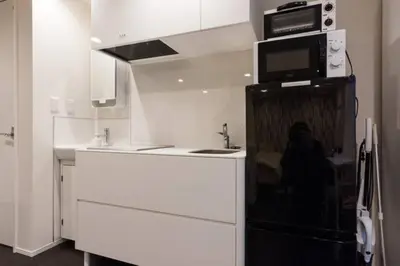 a kitchen with a black refrigerator and a microwave at House In Azabu in Tokyo