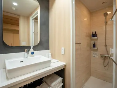 a bathroom with a sink and a shower at MIMARU Tokyo Nihombashi Suitengumae in Tokyo