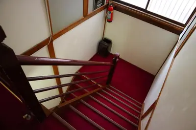 an overhead view of a staircase with red carpeted stairs at Ryokan Sansuiso in Tokyo