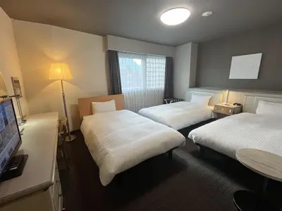 a hotel room with two beds and a television at Hotel Route-Inn Tokyo Ikebukuro in Tokyo