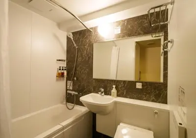 a bathroom with a sink and a toilet and a mirror at Smile Hotel Tokyo Asagaya in Tokyo