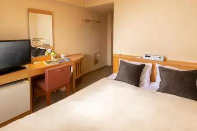 a hotel room with a bed and a desk with a television at Chisun Hotel Hamamatsucho in Tokyo