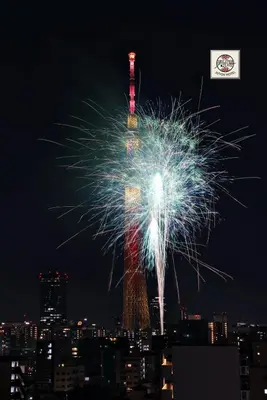 a fireworks display in front of a city at night at Juyoh Hotel in Tokyo