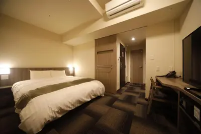 a bedroom with a bed and a desk and a television at Dormy Inn Korakuen in Tokyo