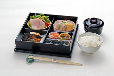 a tray of food with sushi and rice and chopsticks at Ueno Terminal Hotel in Tokyo