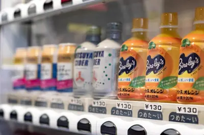 a display of bottles of orange juice on a shelf at E Hotel Higashi Shinjuku in Tokyo
