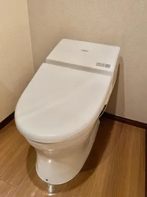 a white toilet in a bathroom with a wooden floor at Hotel BIX \u30c1\u30a7\u30c3\u30af\u30a4\u30f323\u6642 \u5909\u66f4\u4e0d\u53ef in Tokyo