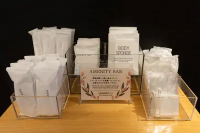 a display of baby wipes and an array of towels at Best Western Hotel Fino Tokyo Akihabara in Tokyo